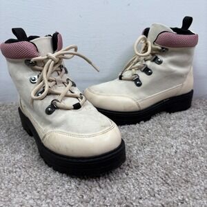 Girls Cream Ankle Boots Fashion Booties Pink Trim Kids Size‎ 1 M Winter